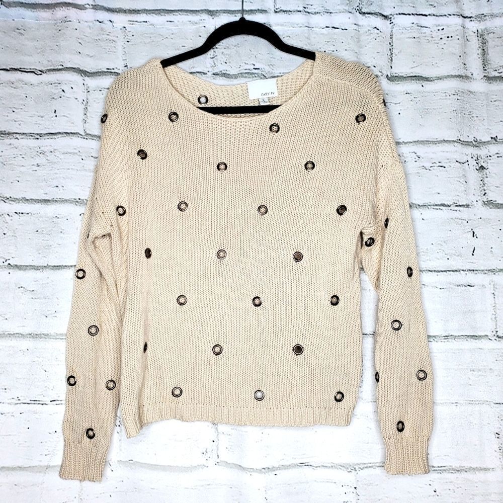 Greylin Anthropoligie Beige Long Sleeve Metal Eyelet Sweater Size Small